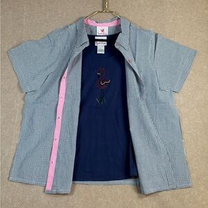 Quacker Factory Navy blue checkered shirt with flamingo tank top